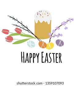 Vector illustration Easter  with Easter traditional symbols collection-  Easter cake and egg, spring flowers  Happy Easter greeting card in pastel color on white background