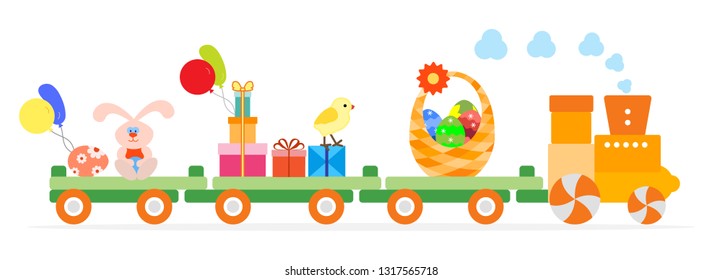 Vector illustration with Easter train carries eggs, basket, chicken, gifts, balloons, easter bunny. Happy Easter. Festive background.