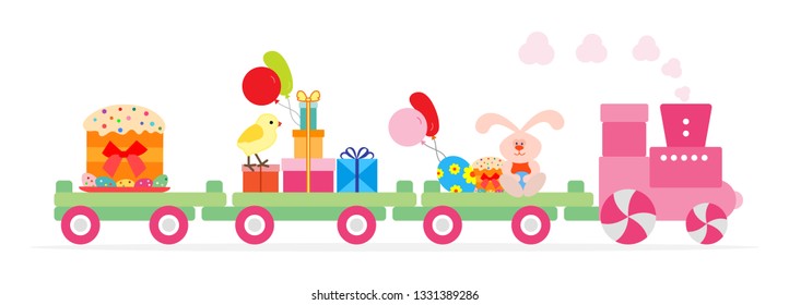 Vector illustration with Easter train carries Easter cake, eggs, chicken, gifts, balloons, easter bunny. Happy Easter. Festive background.