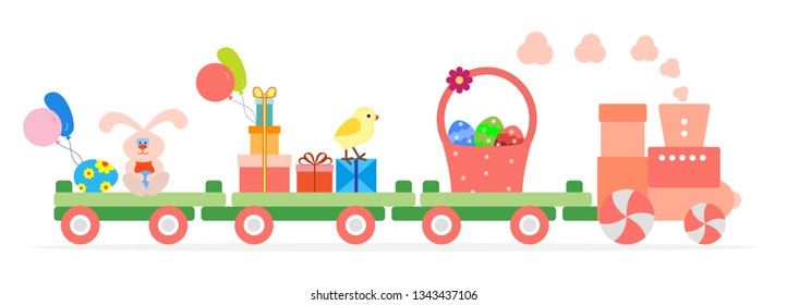 Vector illustration with Easter train carries eggs, basket, chicken, gifts, balloons, easter bunny. Happy Easter. Festive background.