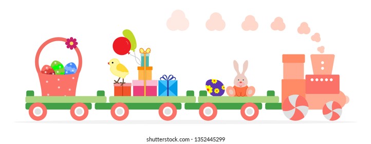 Vector illustration with Easter train carries eggs, basket, chicken, gifts, balloons, easter bunny. Happy Easter. Festive background.