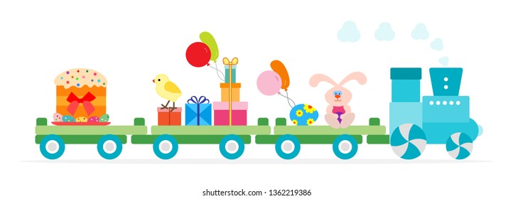 Vector illustration with Easter train carries Easter cake, eggs, chicken, gifts, balloons, easter bunny. Happy Easter. Festive background.