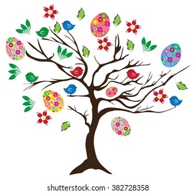vector illustration of an Easter tree with eggs, birds and flowers