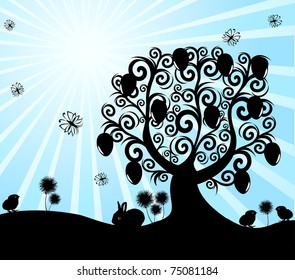 vector illustration of an Easter tree on sunny background