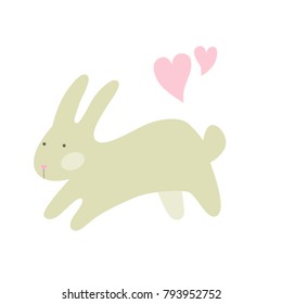 Vector illustration of Easter or Valentine rabbit with two pink hearts isolated on white background.  Cute cartoon character for your design card, scrapbook or party