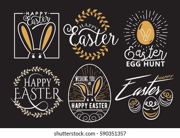 Vector illustration of Easter wishes logo, typography lettering labels design set. Retro holiday badges template with bunny, eggs, floral element isolated on black background