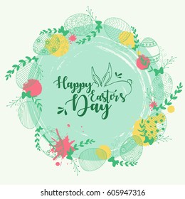Vector illustration of Easter wreath with easter eggs hand drawn green on green background