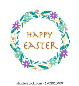 Vector illustration of an Easter wreath made of herbs and flowers. For congratulations on the holiday of Bright Easter.
