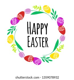 Vector illustration Easter wreath with traditional symbols collection-  Easter cake and egg, spring flowers  Happy Easter greeting card  on white background