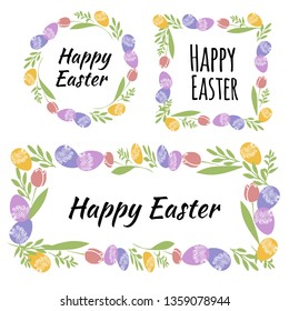 Vector illustration Easter wreath with traditional symbols collection-  Easter cake and egg, spring flowers  Happy Easter greeting card in pastel color on white background