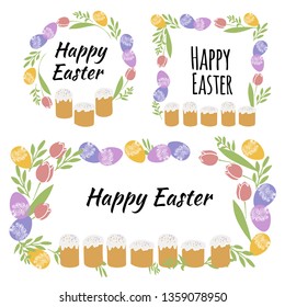 Vector illustration Easter wreath with traditional symbols collection-  Easter cake and egg, spring flowers  Happy Easter greeting card in pastel color on white background