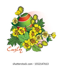 Vector illustration Easter wreath with traditional symbols - colored egg and spring flowers. Happy Easter greeting card in bright colors on a white background.