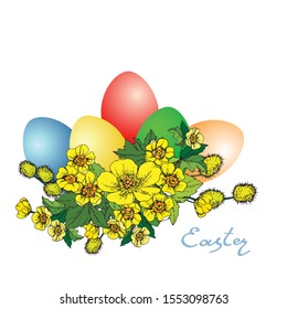 Vector illustration. Easter wreath with traditional symbols - eggs and spring flowers. Happy Easter greeting card in bright colors on a white background.
