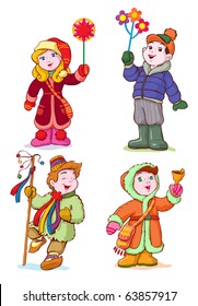 vector illustration, eastern europe carolers, cartoon concept, white background.