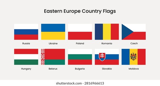Vector illustration of Eastern European country flags, including Russia, Ukraine, Poland, Romania, Czech Republic, and more.