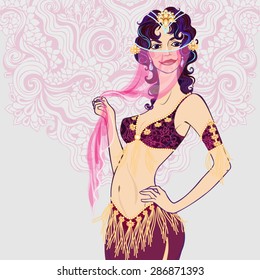 Vector illustration of eastern girl in veil and belly dancer oriental costume.  Can be used for cards, invitations, fabrics, wallpapers, ornamental template for design and decoration, etc