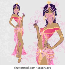 Vector illustration of eastern girl in veil and belly dancer oriental costume.  Can be used for cards, invitations, fabrics, wallpapers, ornamental template for design and decoration, etc