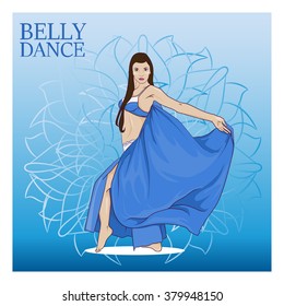 Vector illustration of eastern girl in veil and belly dancer oriental costume. Can be used for cards, invitations, fabrics, wallpapers, ornamental template for design and decoration, etc