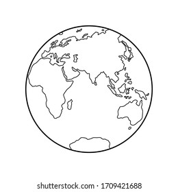 Vector illustration of Eastern Hemisphere of planet Earth, silhouettes of continents, contour line. Eurasia, Africa, Australia, Antarctica