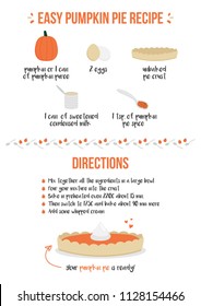 Vector Illustration Of Easy Pumpkin Pie Recipe With Cute Cartoon Ingredients Icons, A4 Size For Web And Print.