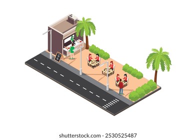 Ilustração vetorial de comer dimsum e macarrão na lateral da estrada, com um estilo isométrico 3d. Adequado para infográficos, recursos de jogos e outros recursos gráficos relacionados