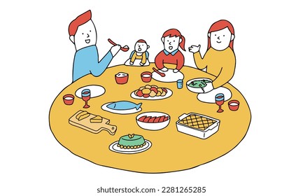 Vector illustration of eating food together for lunch, dinner table and healthy meal. Happy family concept.