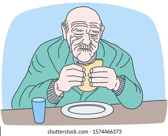 Vector illustration of eating meal old man. Elder adult male person sitting at the table with bread in hands. Wrinkled face of aged grandfather. Lifestyle outline drawing of retired grandpa in hospice