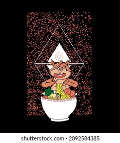 vector illustration, eating squirrel, ramen, japan, modern background, for t-shirts, apparel and merchandise