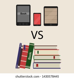 Vector illustration. E-books vs paper books.