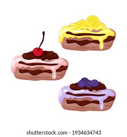 Vector illustration of eclair cake with different types of cherry, lemon and blueberry fillings. Isolate image.