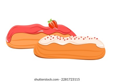 Vector illustration of eclairs with cream and strawberries