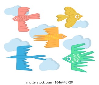 vector illustration, eclecticism, pattern, stylization of a flock of fantastic birds in flight. pastel colors. basis for graphics