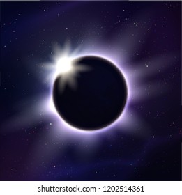 Vector illustration of eclipse and light rays on outer space background.