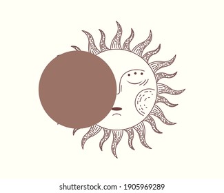 Vector illustration of eclipse with retro sun. Astrological mystery sign.