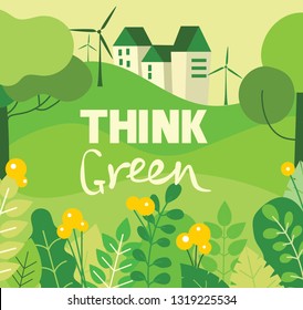 Vector illustration ECO background of Concept of saving our inviroment. Landscape, forest, hills and trees in flat geometric style and text Think green 