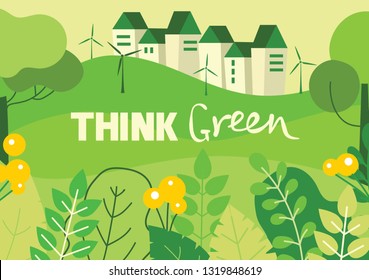 Vector illustration ECO background of Concept of saving our inviroment. Landscape, forest, hills and trees in flat geometric style and text Think green 
