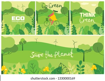 Vector illustration ECO background of Concept of green eco energy and quote Save the planet. Landscape, forest, hills and trees with wind turbines in flat geometric style