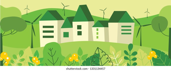 Vector illustration ECO background of Concept of saving our inviroment. Landscape, forest, hills, houses, wind turbine and trees in flat geometric style 