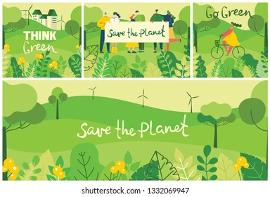 Vector illustration ECO background of Concept of green eco energy and quote Save the planet. Landscape, forest, hills and trees with wind turbines in flat geometric style