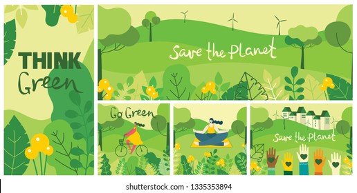 Vector illustration ECO background of Concept of green eco energy and quote Save the planet. Landscape, forest, hills and trees with wind turbines in flat geometric style 