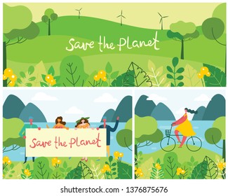 Vector illustration ECO background. Concept of green eco energy and quote Save the planet. Landscape, forest, hills and people with placard in flat geometric style