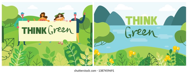 Vector illustration ECO background of Concept of saving our environment. Landscape, forest, hills and trees in flat geometric style and text Think green