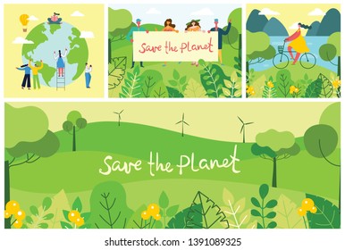 Vector illustration ECO background of Concept of green eco energy and quote Save the planet. Landscape, forest, hills and trees with wind turbines in flat geometric style