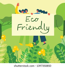 Vector illustration ECO background of Concept of green eco energy and quote  Eco friendly. People holding the eco banners in flat geometric style