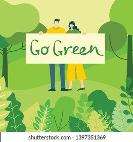 Vector illustration ECO background of Concept of green eco energy and quote Go green. People holding the eco banners in flat geometric style