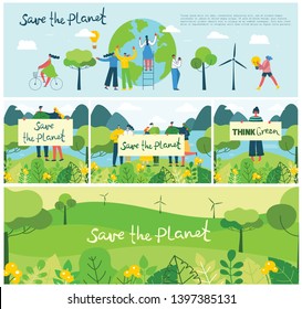 Vector illustration ECO background of Concept of green eco energy and quote Save the planet. Landscape, forest,people activists with eco banners in flat geometric style.