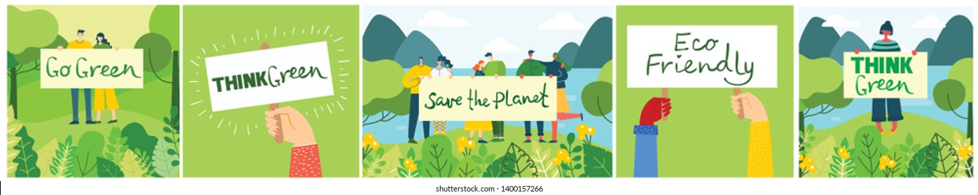 Vector illustration ECO background of Concept of green eco energy and quote Save the planet. Landscape, forest,people activists with eco banners in flat geometric style. 