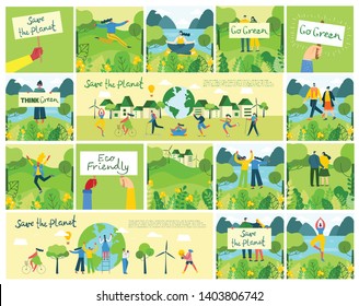 Vector illustration ECO background of Concept of green eco energy and quote Save the planet. Landscape, forest, hills and trees with wind turbines in flat geometric style