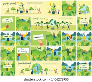 Vector illustration ECO background of Concept of green eco energy and quote Save the planet. Landscape, forest, hills and trees with wind turbines in flat geometric style