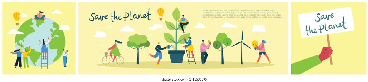 Vector illustration ECO background of Concept of green eco energy and quote Save the planet. Landscape, forest, hills and trees with wind turbines in flat geometric style 